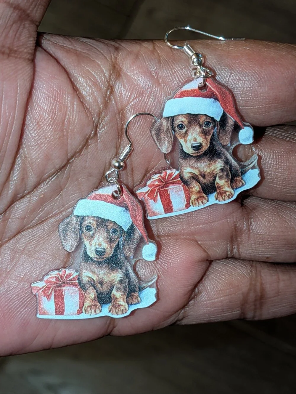 Hand Crafted Dachshund in Santa Hat Acrylic Drop Earrings - Red & Brown